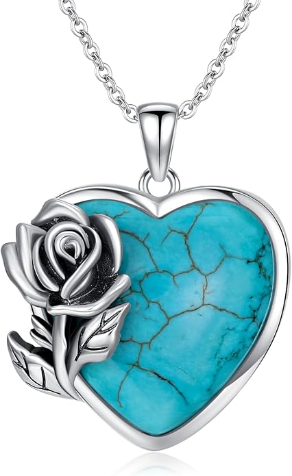 Genuine Turquoise Rose Necklace 925 Sterling Silver Heart Turquoise Pendant Vintage Southwestern Jewelry for Women