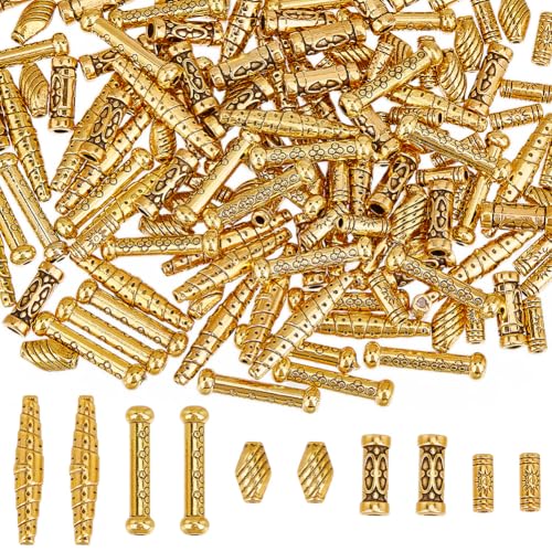 SUNNYCLUE 1 B0X 150Pcs 5 Styles Gold Tube Bead Tibetan Spacer Beads Alloy Metal Hollow Column Barrel Drum Long Hole Spacers Loose Beads for Jewelry Craft Making Necklace Bracelet Earrings Beginners