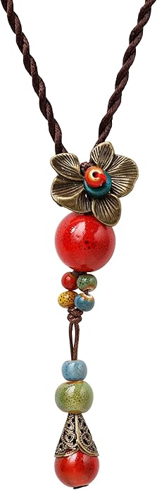 MINACHI Vintage Bohemian Colorful Ceramic Bead Antique Flower Y Necklace, Vintage Boho Hippie Statement Jewelry Gift for Women