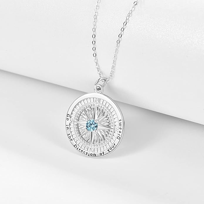 KINGWHYTE Graduation Gifts Birthstone Necklace for Women 925 Sterling Silver Compass Pendant Go in the Direction of your Dream Travel Jewelry Birthday Gift for Her