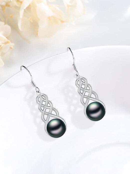 Tahitian Black Pearl Earrings Gifts for Women Wife Celtic Dangle Drop Earrings Wedding Birthday Anniversary Jewelry Valentines Christmas Day Gifts 925 Sterling Silver