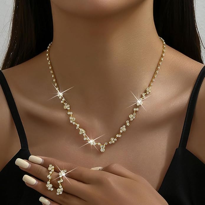 Unicra Bride Crystal Necklace Earrings Set Bridal Wedding Jewelry Sets Rhinestone Choker Necklace Costume Jewelry Set for Women and Brides (3 piece set - 2 earrings and 1 necklace)