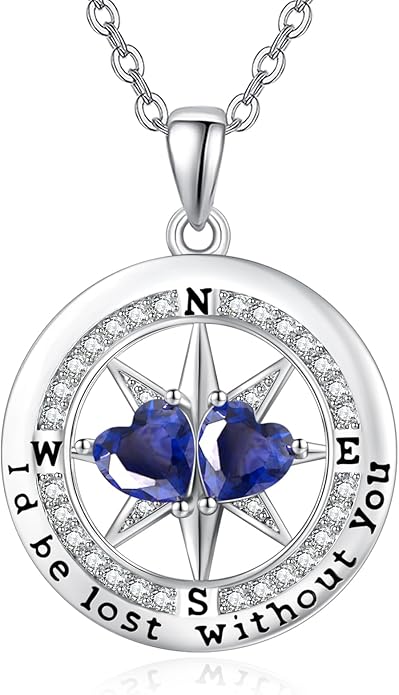 Compass Necklace for Women, Exquisite S925 Valentines Day Anniversary Birthday Gifts for Wife Her Double Birthstone Pendant Jewelry ‘I'd be Lost Without You’