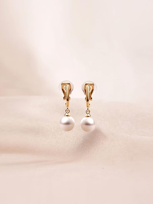 FAN&LOUIS Pearl Clip On Earrings for Women，24K Gold Plated Hypoallergenic Pearl Dangle Drop Women's Non-Pierced Painless Clip-On Earrings