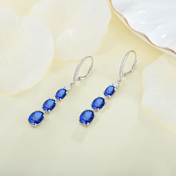 Women 925 Sterling Silver Birthstone 3-stone Leverback Drop Dangle Earrings 5A Cubic Zirconia Jewelry for Her