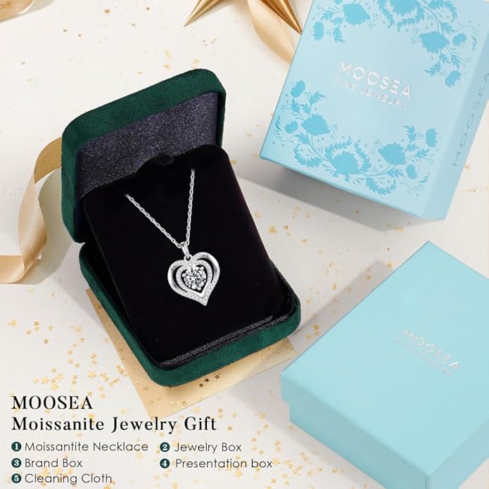 MOOSEA Valentines Day Gifts for Her - 925 Sterling Silver Double Heart Moissanite Necklace, 1-3 Carat VVS1 Clarity Lab Created Moissanite Anniversary Birthday Gift for Women Wife Girlfriend Mom