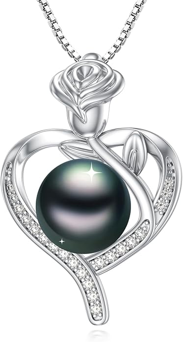 Tahitian Black Pearl 18K White Gold Plated Sterling Silver Heart/Infinity/Four Leaf Clover Pendant Necklace Jewelry Gifts for Women Wife Mom Girlfriend Wedding Birthday Anniversary Christmas
