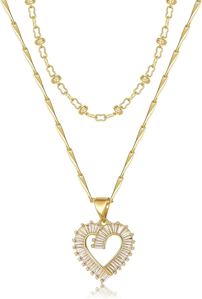 Heart Necklaces for Women 14K Gold Plated Layered Necklace Set with Cubic Zirconia Heart Pendant, Dainty Stackable Choker Chain, Gift for Her