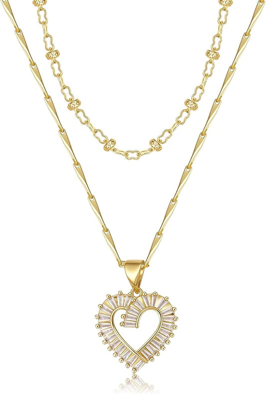 Heart Necklaces for Women 14K Gold Plated Layered Necklace Set with Cubic Zirconia Heart Pendant, Dainty Stackable Choker Chain, Gift for Her