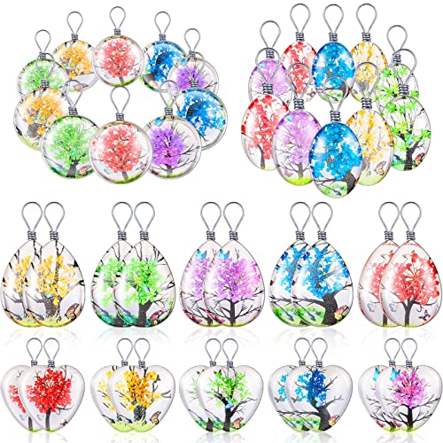 Hicarer 20 Pieces Dried Flower Tree Pendant Plant Pressed Flower Charms Resin Lacework Transparent Glass Beads Round Floating Pendant Mixed Colors for DIY Necklace Bracelet Jewelry Making, 4 Styles
