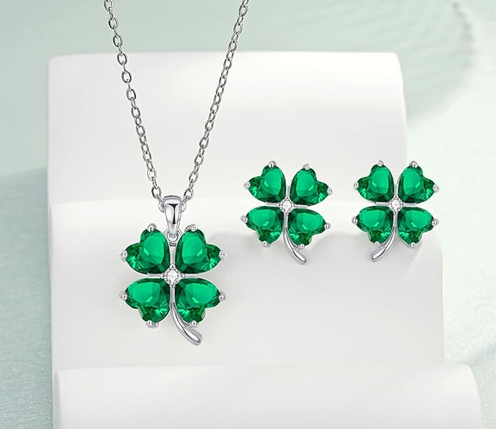 VONSSY Four Leaf Clover Necklace Earrings Shamrock Irish ST Patricks Jewelry Set Gift 18k Gold Plated Green Emerald Zircon Diamond Crystal Lucky Saint Pendant for Woman Wife Girlfriend Mom