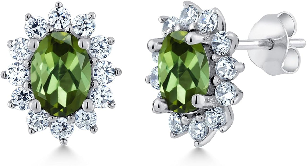 Gem Stone King 7X5MM Oval Gemstone Birthstone Stud Earrings For Women | Princess Diana Royal Halo Style | 925 Sterling Silver | Fine Jewelry Gifts for Anniversary Wedding Her Mom Women Wife