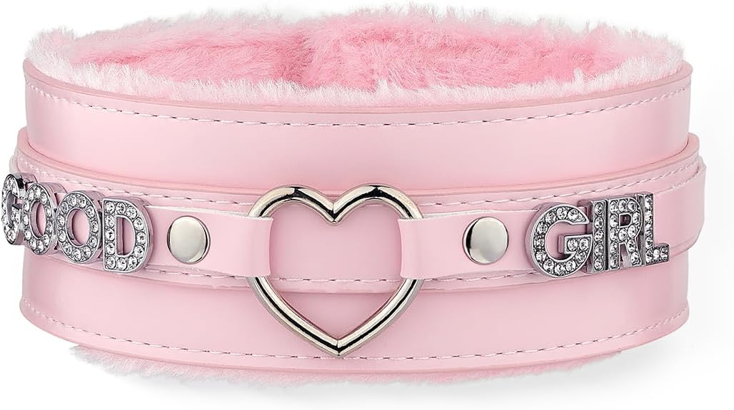 Pink Furry Heart O-ring Leather Choker Collar For Women, Handmade Punk Gothic Letter Necklace Adjustable Fashion Jewelry