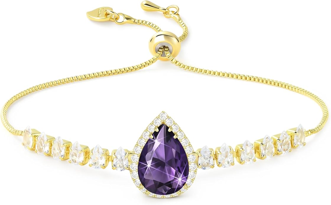 Linawe Crystal Imitation Diamond Rhinestone Charm Bracelets for Women, Gold/Silver/Rose Gold Adjustable Chain Bracelet, Teardrop Birthstone Cubic Zirconia Prom Costume Wedding Jewelry
