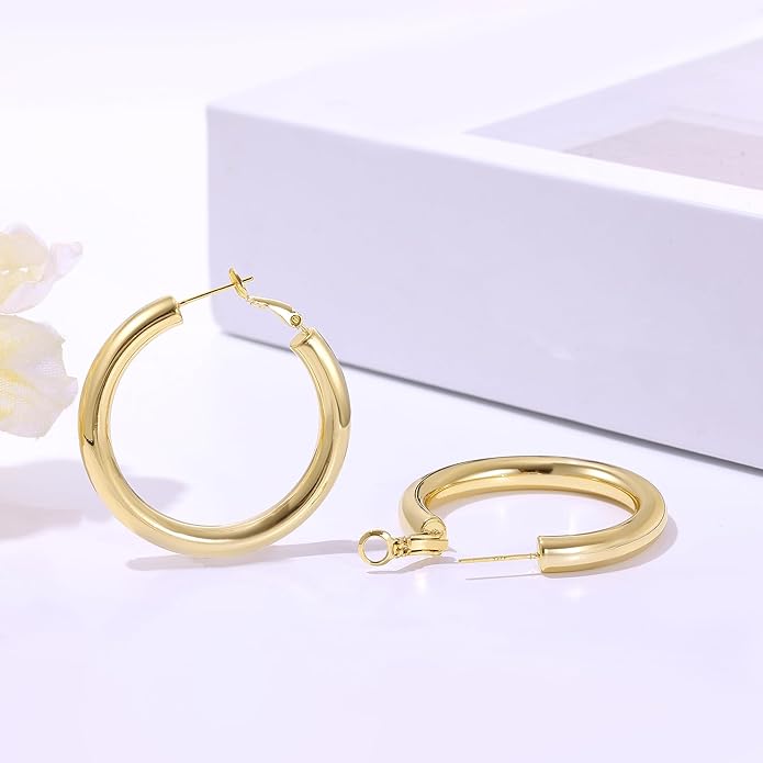 sovesi Chunky Gold Hoop Earrings for Women with 925 Sterling Silver Post, 14K Gold Plated Small Thick Gold Hoops Earrings for Women