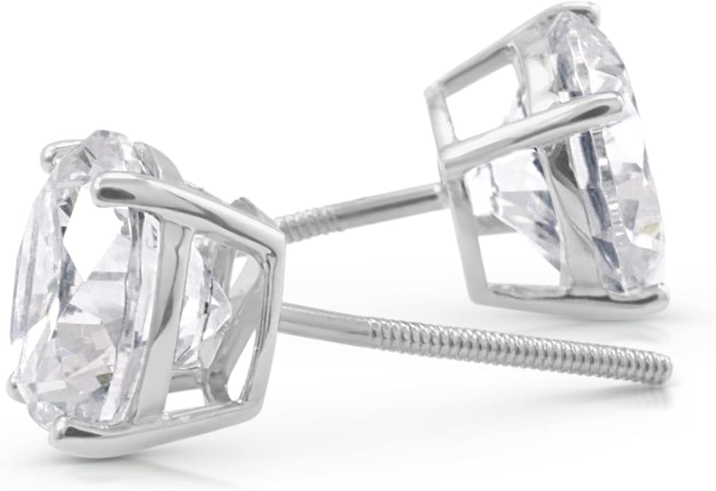 14K White Gold Moissanite Earrings Men & Women, Solid Gold Simulated Diamond and Lab Diamonds Studs for Men & Women, 1ct - 2ct Round, Princess, Heart, Halo Cut, Dangle, Lever or Screw Back Earrings, VVS1, D Color, Pink or Blue - Luxury Gift Box