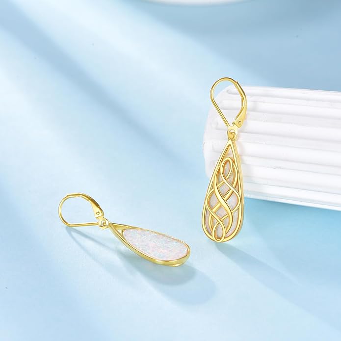 VONALA White Opal Celtic Knot Dangle Drop Earrings for Women 925 Sterling Silver Boho Chic Jewelry Gift for Women