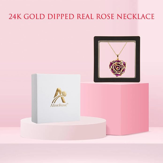 AliveRose Real Rose Gold Dipped Necklace Gifts for Women, 24K Gold Dipped Rose Pendant Necklace Jewelry Mothers Day Anniversaries Birthday Christmas Special Occasions Gifts for Her Mom Wife
