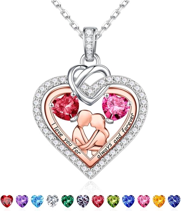 Iefil Valentines Day Gifts for Her - 925 Sterling Silver Double Heart Birthstone Necklace for Women, Anniversary Birthday Gifts for Wife I Love You Gift Couple Sitting Hugging Each Other Jewelry Gift