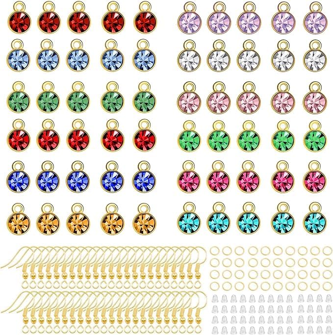 BetterJonny 120 Pieces Crystal Birthstone Charms Beads, 12 Colors Round Crystal Charm with Rings Handmade Jewelry Pendants for Jewelry Necklace Bracelet Earring Making - color: （#B）Gold Round