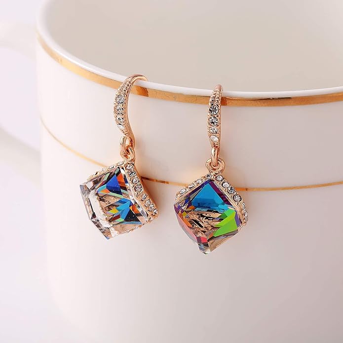 Austrian Crystal Cube Drop Dangle Earrings for Women 14K Gold Plated Hypoallergenic Jewelry