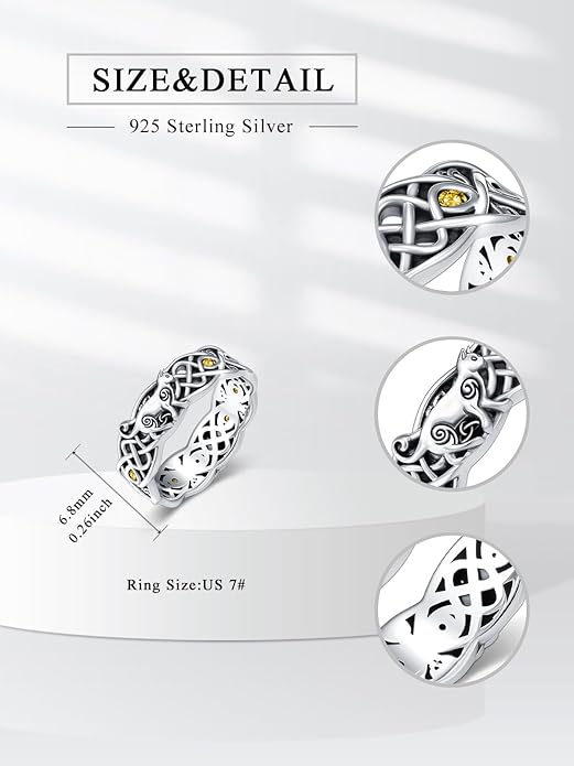 Seiyang Celtic Cat Ring 925 Sterling Silver Irish Trinity Knot Celtic Cat Wedding Promise Ring with 12 Months Birthstone Irish Lucky Jewelry Gifts for Women Mom Her