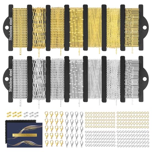 HUISUYTON Necklace Chain for Jewelry Making,45.93 FT 14 Rolls Stainless Steel Jewelry Chains Bulk with Jump Rings, Lobster Clasps, Connectors for DIY Necklace Earring Bracelet(Gold & Silver) - color: Gold and Silver-45.93Ft