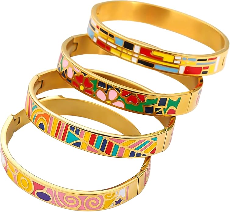 Enamel Bangle Set, 18K Gold Plated Stainless Steel, 4-Piece Bracelet Handcrafted Gorgeous Collection with Abstract and Floral Patterns, 6-7 Inch Wrist Size, Women's Fashion Jewelry