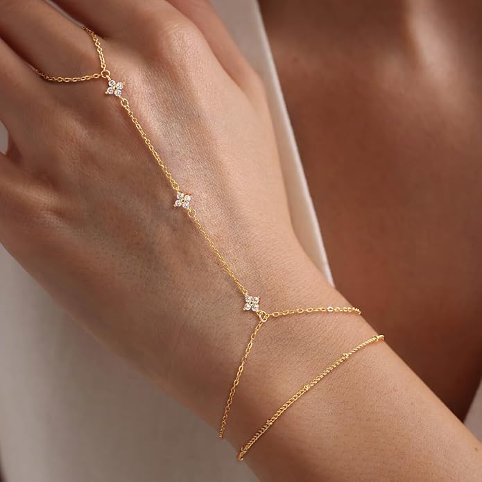 Valentine Gift 14K Gold Plated Hand Chain Bracelet for Women Trendy, 2 Pcs Stackable Gold/Silver Finger Ring Bracelet Hand Chain Dainty Non Tarnish Waterproof Set Jewelry Adjustable 7'+2