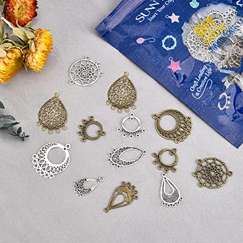 SUNNYCLUE 48Pcs 6 Styles 2 Colors Alloy Chandelier Component Links Charms Tibetan Style Earring Chandelier Filigree Pendants Findings for DIY Earring Necklace Jewellery Making Supplies Crafts - color: 48pcs 6 Styles 2 Colors