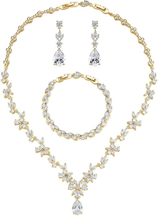 Wedding Jewelry for Bride, Silver Bridal Necklace Earrings Bracelet Set with Clear Cubic Zirconia, Bridemaids Jewelry Set for Wedding, Crystal Wedding Party Jewelry Set for Women Girls