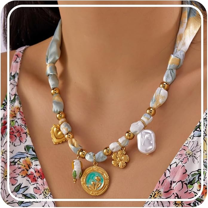 RINHOO FRIENDSHIP Silk Scarf Necklace for Women - Adjustable Boho Vintage Bandana Choker with 18K Non-Tarnish Gold Charms (Assorted Pendants & Patterns) Layered Jewelry Gift Box