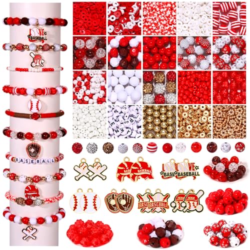 2400PCS+ Baseball Beads for Bracelet Making Clay Heishi Beads Crystal Pearl Letter Gold Spacer Bead Baseball Charms for Bracelet Necklace Making Game Day Party Favors DIY Crafts (Red White)