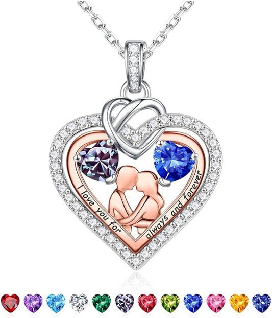 Iefil Valentines Day Gifts for Her - 925 Sterling Silver Double Heart Birthstone Necklace for Women, Anniversary Birthday Gifts for Wife I Love You Gift Couple Sitting Hugging Each Other Jewelry Gift
