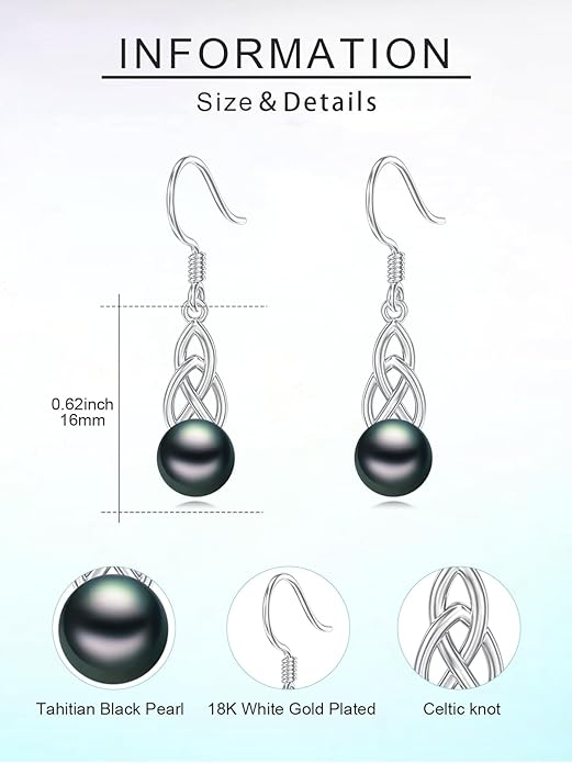 Tahitian Black Pearl Earrings Gifts for Women Wife Celtic Dangle Drop Earrings Wedding Birthday Anniversary Jewelry Valentines Christmas Day Gifts 925 Sterling Silver