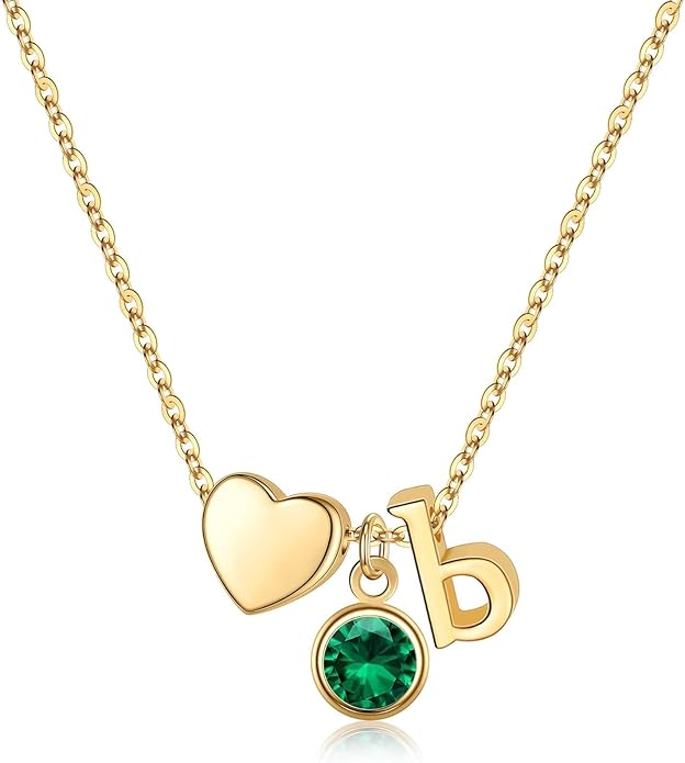 Ursilver Initial Birthstone Necklace for Women - Heart Initial Birthstone Pendant Necklace Personalized Gifts Birthday Gifts for Women
