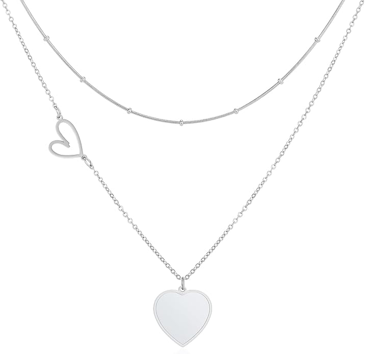Linawe Layered Choker Heart Pendant Necklace for Women Trendy, Gold/Silver/Rose Gold Chain Stainless Steel Stacked Necklaces, Double Heart Necklace Y2K Preppy Jewelry