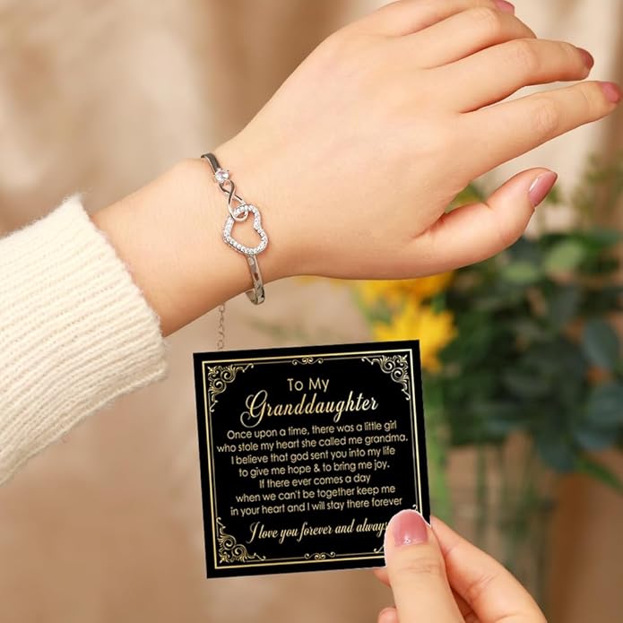 To My Granddaughter - Infinity Heart Bracelet Gift with Meaningful Card, Granddaughter Gifts from Grandma & Grandpa, Elegant Silver Jewelry for Birthday, Graduation, Christmas.