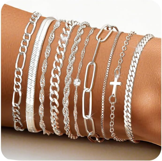 XIANNVXI 10pcs Rose Gold/Gold/Silver Bracelets Stack for Women Dainty Thin Rose Gold Bracelets Set Silver Chain Bracelet Paper Clip Stackable Figaro Herringbone Paperclip Bracelet Pack for Womens
