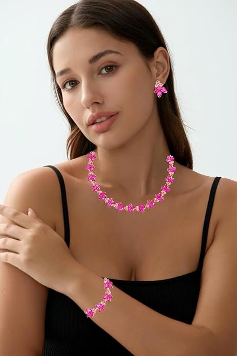 Bridal Wedding Crystal Leaf Choker Necklace Dangle Earring Bracelet Brides Bridesmaid Jewelry Set for Women