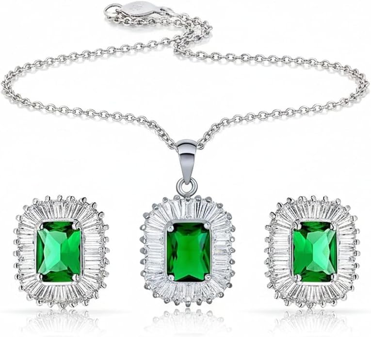 Bridal Art Deco Estate Jewelry Style Fashion Simulated Emerald Green Cubic Zirconia Pave Baguette Halo AAA CZ Square Large Oval Stud Clip On Earrings For Women Wedding Yellow 14K Gold Silver Plated