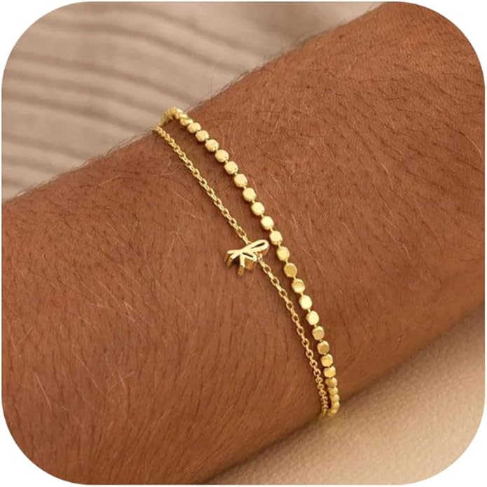 Initial Bracelets for Women, Dainty 14K Gold Plated Layered Letter Bracelet, Trendy Charm Stackable Jewelry Valentines Day Gift for Her