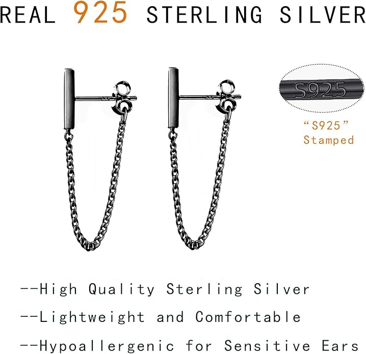 Reffeer Solid 925 Sterling Silver Stud Earrings Minimalist Bar Earrings with Chain Dangle Earrings For Women