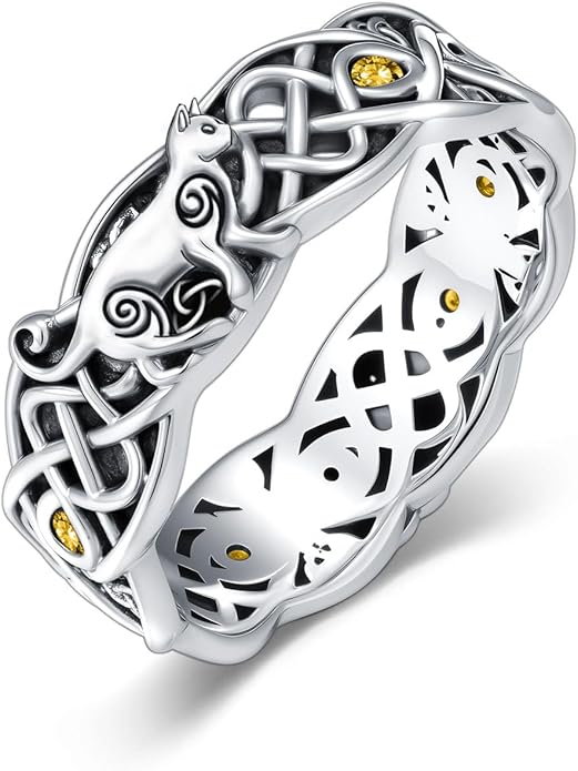 Seiyang Celtic Cat Ring 925 Sterling Silver Irish Trinity Knot Celtic Cat Wedding Promise Ring with 12 Months Birthstone Irish Lucky Jewelry Gifts for Women Mom Her