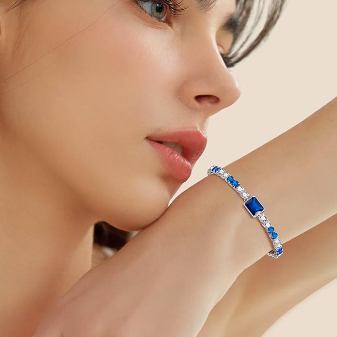Birthstone Bracelets for Women Birthday Gifts 4CT Radiant Cut Birthstone 4mm Sterling Silver White Gold Tennis Bracelets for Women Round Cut 5A Cubic Zirconia Bezel Setting 7 Inch