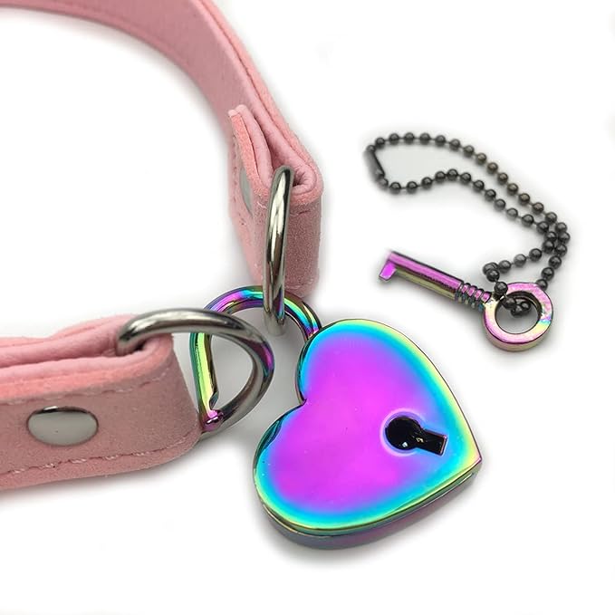 Succuba Padlock Choker Collar Necklace with Lock and Key Heart Lock Choker for Women and Men (A, 14)