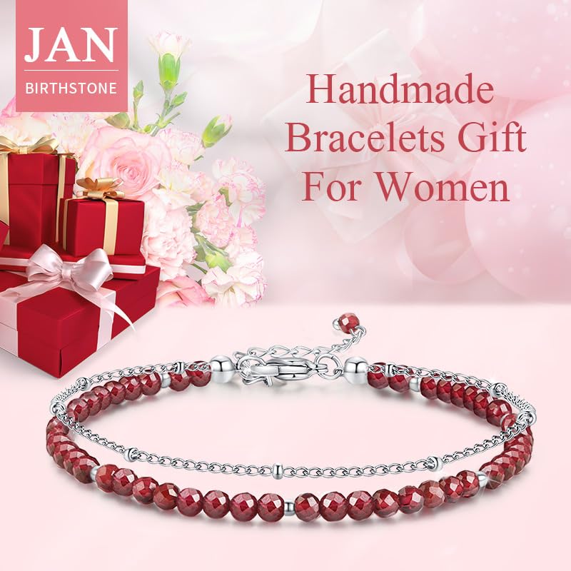 Peridot Stand Silver Gold Bracelets, Handmade Birthstone Stack Bracelet Crystal Gemstones Bead Chain Gift for Women, 8" - color: Silver-01-Jan Garnet