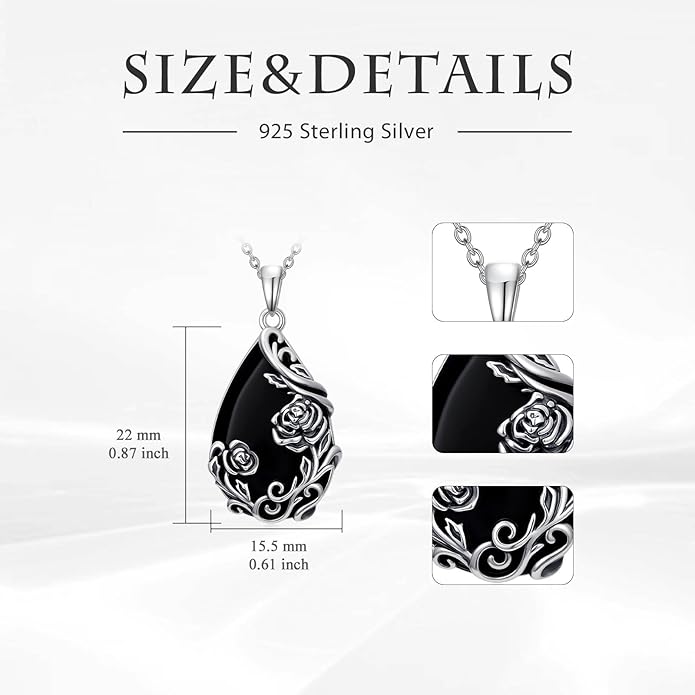 Black Onyx Necklace 925 Sterling Silver Flower Insect Pendant Teardrop Onyx Jewelry Valentines Day Birthday Gifts for Women