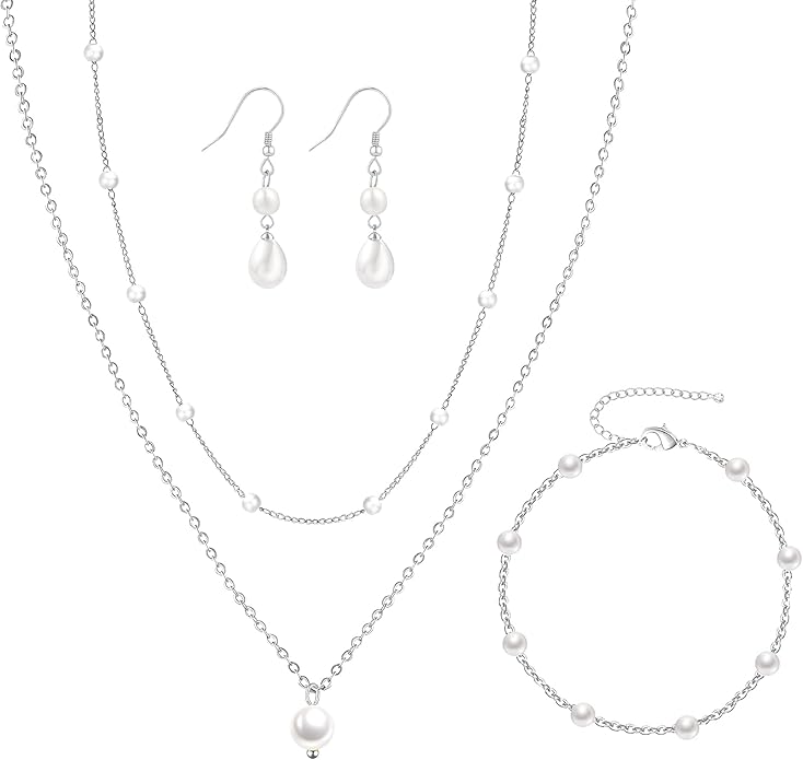 DIBOLA Gold Jewelry Set for Women, Dainty Layered 14K Gold/Silver Pearl Choker Necklaces and Earring Set Pearl Earrings Bracelets Wedding Bride Jewelry