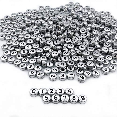 Amaney 500pcs Silver Acrylic Number Beads 7x4mm Mixed Number Beads Acrylic Plastic Round Shape Loose Beads - color: Silver, size: 7x4mm